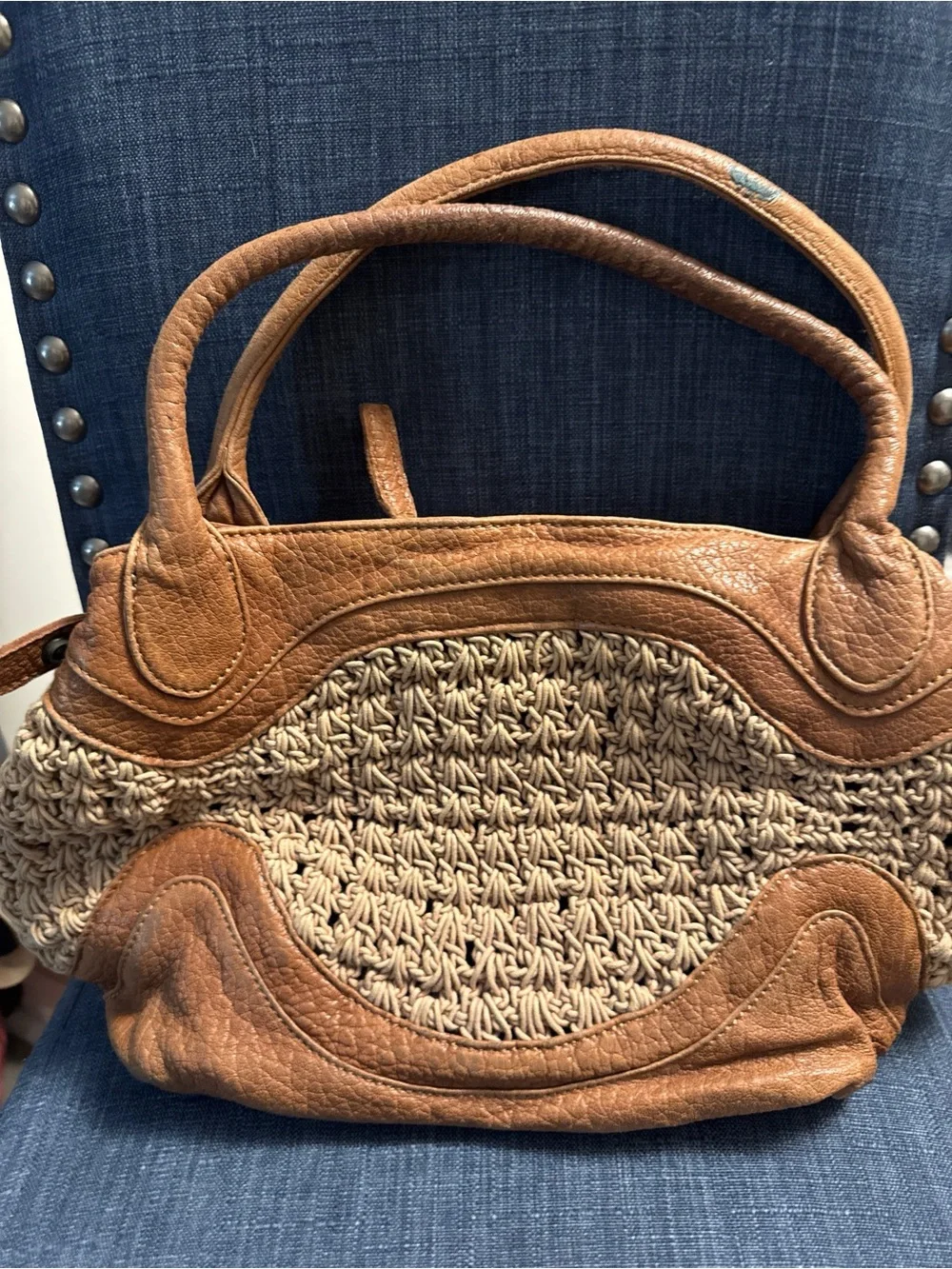 Chocolat Blu Tan Brown Leather & Woven Straw Satchel Shoulder Bag Handbag Purse